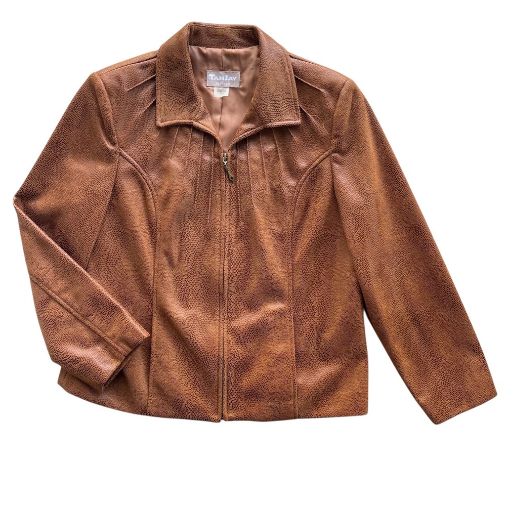 TANJAY Women 10P Brown Textured Faux Leather Snake Print Zip Front Jacket Rustic